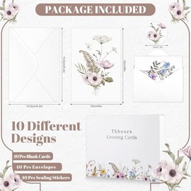 Thboxes Tarjetas y sobres en blanco, paquete de 40 tarjetas de notas en blanco de 4 x 6 pulgadas, elegante tarjeta de felicitación floral con calcoman