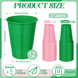 Funnymoom 200 Pcs Pink and Green Disposable Plastic Cups 12 oz Sorority Party Beverage Cups for Witch and Princess Themed Watermelon Flamingo Party Supplies