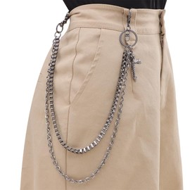 Gothic Skull & Cross Double-Layer Gunmetal Chain for Pants Jeans- Punk Hip Hop Waist Belt Accessory for Edgy Jeans, Wallets, and Street Dance