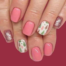 Christmas Press on Nails Pink Short Square Fake Nails with Design Xmas Tree False Nail Press ons Glitter Glue on Nail Full Cover Reusable Winter Stick on Nail Christmas Nails for Women Manicure 24Pcs