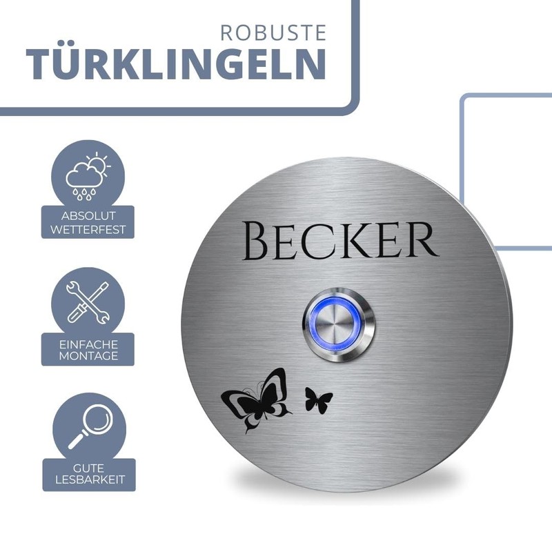 Becker Stainless Steel Doorbells with Individual Engraving - Bell Size:
