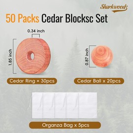 Cedar Blocks for Clothes Storage 50 Pack - 100% Natural Aromatic Cedar Rings and Balls for Closets & Drawers Freshener (30 Rings & 20 Balls)