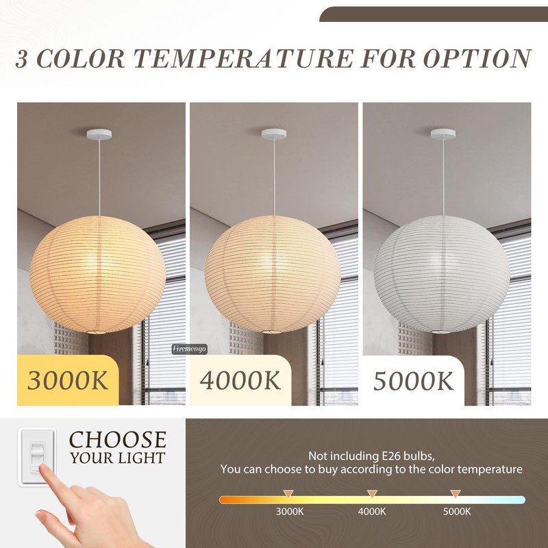 Fivemengo Large Rice Paper Pendant Light Kit, 20in White Globe