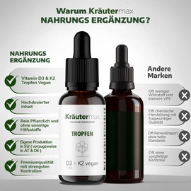 Kräutermax Vitamin D3 Vitamin K2 Drops | D3 K2 Drops High Dose | MK7 Natural | Vitamin D3 and K2 Drops Vegan and Natural | According to Original Kräutermax Formula | 1 x 50 ml