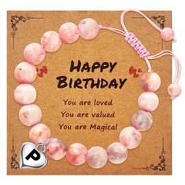 ECOOLOC Initial Letter Birthday Graduation Gifts for Her, Adjustable Beaded Natural Stone Bracelet with Heart Charm for Daughter, Niece,Sister and Friend