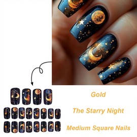 Gold Starry Night Press on Nails Medium Square Fake Nails Star Moon Acrylic Nails Mirror Reusable Artificial Nails for Women DIY Manicure