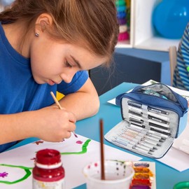 Pencil Case with 3 Compartments, Large Capacity Pencil Case with Durable Zip, Pencil Case for Girls, Boys, Teenagers, Office Supplies - Blue