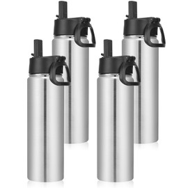 Neihepal 22 oz Insulated Water Bottles Bulk, Double Walled Vacuum Stainless Steel Water Bottle Multipack with Leak Proof Straw Lid for Men, Adults, Kids, Gym, Sports (Silver,4 Pack)