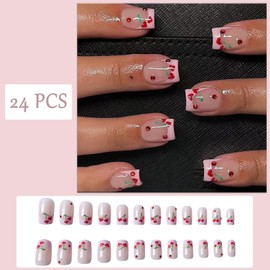 24pcs French Cherry Press-On Nails Short Square False Nails Red Cherry Heart Ruby Design Acrylic Glossy Red Rhinestone Nails for Valentine's Women's Nail Decoration