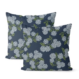 DAFENA Navy Blue Spring Pillow Covers 16x16 Inch 2 Pcs Blue Green Hydrangea Flower Decor Throw Pillows Vintage Floral Seasonal Summer Outdoor Decoration Pillowcase Linen Cushion Cover for Couch Sofa