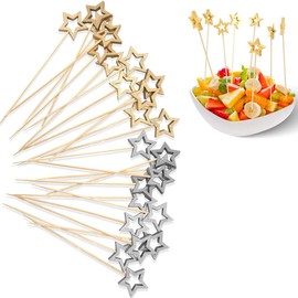 Pack of 100 Star Cocktail Skewers, Wooden Skewers, Finger Food Skewers, Christmas Cocktail Picks, Gold Star Party Picks, Toothpicks, Wooden Fruit Skewers for Barbecue, Fruit, Cupcake (Gold and Silver)