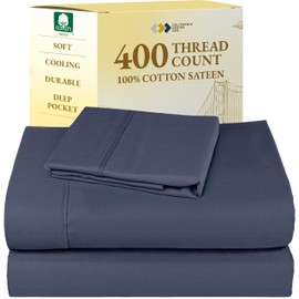 California Design Den Twin XL Sheet Sets - Soft 400 Thread Count Sateen, Natural 100% Cotton Sheets with Deep Pockets, Cooling and Durable Bedding Set - Indigo Dusty Blue