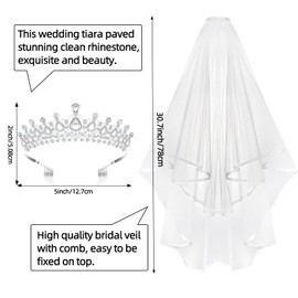 KICOSY Tiara Sliver Wedding Crowns Veils for Women, Bride Wedding Tiara Adult White Veils Bridal Headband Hair Accessories, Princess Decorations for Girls Crystal Crown for Bachelorette Bridal Party