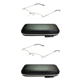 EYE ZOOM 2 Pack Rectangular Metal Half Rim Reading Glasses with Case for Men and Women, Silver +2.00