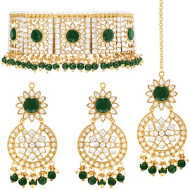 Aheli Faux Pearl Choker Necklace with Earrings Indian Traditional Bollywood Jewelry Set for Women Girls (Green Stone-Floral Kundan)