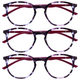 Opulize Met MMM60-5 -2.50 Long Distance Glasses Pack of 3 Myopia Slim Round Frame Spring Hinges Scratch Resistant Purple Tortoiseshell Solid Temple Men Women