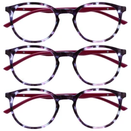 Opulize Met MMM60-5 -2.50 Long Distance Glasses Pack of 3 Myopia Slim Round Frame Spring Hinges Scratch Resistant Purple Tortoiseshell Solid Temple Men Women