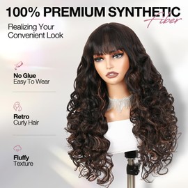 WIGER Glueless Long Curly Wigs 22 Inches Body Waves Layered Wig with Curtain Bangs for Black Women Natural Looking Heat Resistant Synthetic Fiber Wig For Daily Party (Dark Brown)