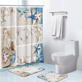Britimes 3Pcs Bathroom Sets, 72" x 72" Collage Summer Seashells Sea Shell Waterproof Polyester Shower Curtain Sets with Non-Slip Rugs and Bath Mat for Bathroom Decor Set