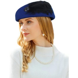ORIDOOR Women Winter Vintage Pillbox Hat Church Derby Wedding Dress Fascinator Beret 100% Wool Felt Hat with Feathers, Royal Blue, One Size