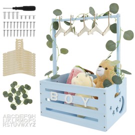 Wooden Baby Shower Crate Closet with Handle Smooth Wood Baby Shower Basket with 10 Hangers & Green Garland Large Capacity Baby Storage Crate Hamper for Baby Shower Pregnancy New Parent Gifts (Blue)