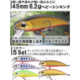 CONTYU Mountain Stream Minnows, Set of 5, 46mm, 6.4g, Trout, Heavy Sinking Minnows, 1.8 inches (46 mm/6.4 g), Color A (Set of 5)