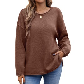Saodimallsu Womens Oversized Crew Neck Sweaters Long Sleeve Slouchy Knit Fall Casual Loose Side Split Pullover Tops Brown