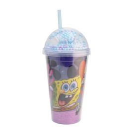 Vaso de plastico doble pared con tapa domo, popote y bolitas 3D, personaje Bob Esponja y Patricio Estrella de 480ml.