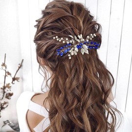 BETITETO Bridal Crystal Hair Comb Wedding Rhinestone Pearls Silver Leaf Hair Piece Accessories for Women Girls (Blue)