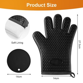 AUAUY Oven Mitts with 2 Pot Holders, Silicone Oven Gloves Heat Resistant 464°F, BBQ Gloves with Fingers, Non-Slip Oven Gloves, Cooking Gloves for Grilling Kitchen Baking Oven Microwave, Black