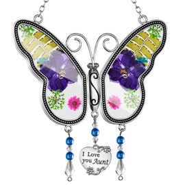 Campanilla de viento con diseño de mariposas de estilo oeste con coloridos regalos de flores reales prensadas para mamá, vidrieras con gancho y etiqueta para colgar en el corazón, cumpleaños para la