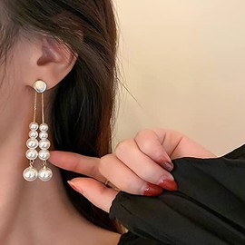 JWICOS Faux Pearl Long Tassel Earrings Bohemian Fashion Drop Dangle Statement Earrings Chain for Women and Girls Elegant Pearl Tassel Earrings Long Earrings
