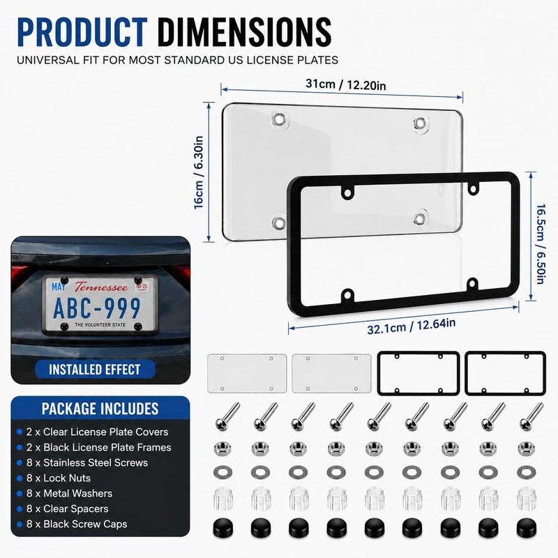 2Pcs Clear License Plate Protector Covers, Clear License Plate Covers