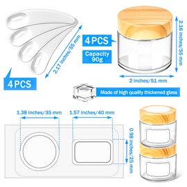 MotBach 4 Pack 2oz Glass Jars with Lids, 2ounce Small Glass Containers with Woodgrain Lids and Inner Liners, 60ml Round Clear Jars Travel Toiletries with Spatula for Makeup Cosmetic Salve Cream Lotion
