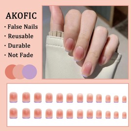 AKOFIC Pack of 24 Press on Nails Short, French Ballerina Acrylic Artificial Nails, Glue-On Nails with Jelly Nail Glue, Fake Nails for Women Girls (Gradient Nude Purple)