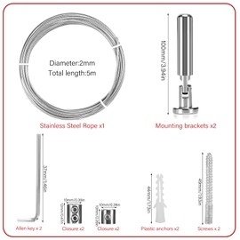 Tapvai 5 m Wall Mount Set, Stainless Steel Curtain Wire, Curtain Steel Cable, for Curtain, Washing Line, Tension Wire, Photo Wire, Shower Curtains