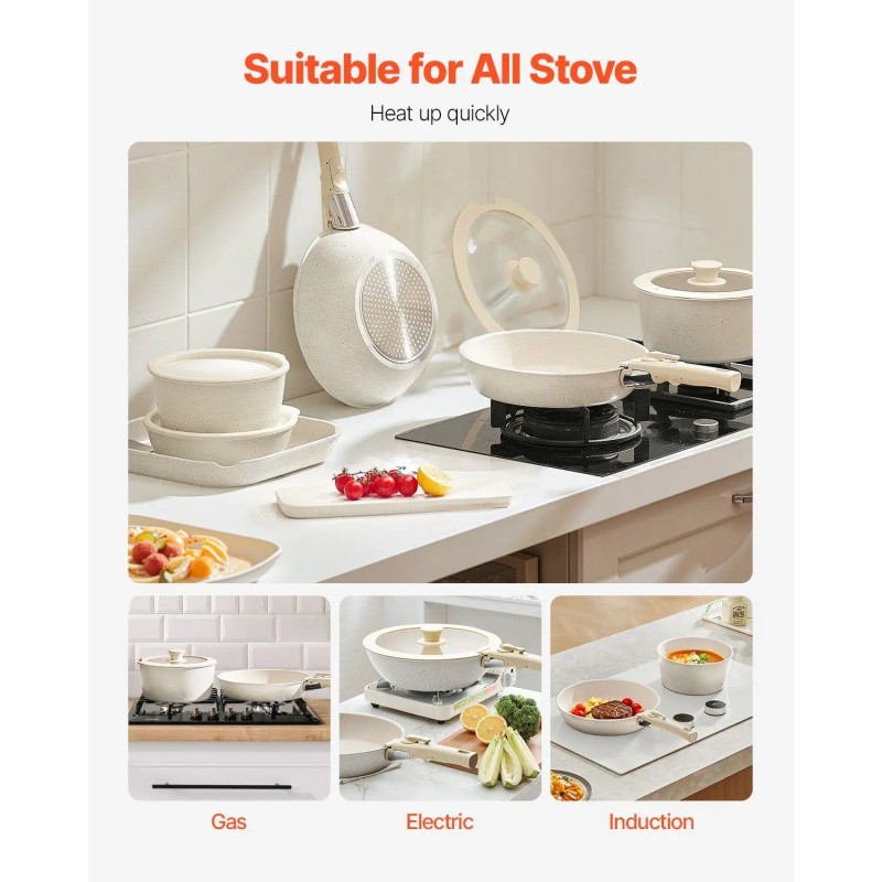 White 17-Piece Nonstick Cookware Set with Detachable Handle Space-Saving Induction