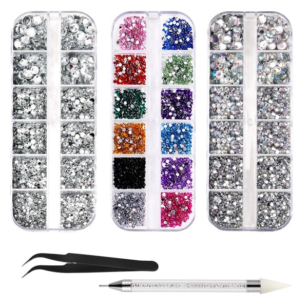 4600 Pieces Rhinestones for Nails, Nail Glitter Stones, 3 Different Styles, Flat Nail Gems, Small Nail Stones with Tweezers and Rhinestone Picker, Dotting Pen for Nails/Clothing/Crafts