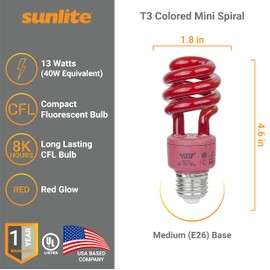 Sunlite 41420-SU CFL Spiral Colored Bulb, 13 Watt (40W Equivalent), Medium Base (E26), 8,000 Hour Life Span, UL Listed, Red 6 Pack