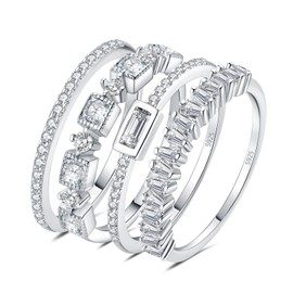 JewelryPalace Princess Emerald Cut CZ Stackable Wedding Ring Eternity Bands for Women, Cubic Zirconia 925 Sterling Silver 14K White Gold Plated Promise Ring for Her, 4pc Anniversary Ring Sets Size 9.5