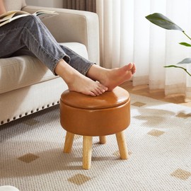 IBUYKE 13 Inch Foot Stool Ottoman with Storage, Round Small Foot Rest with Padded Seat and Wood Legs, PU Faux Leather Mini Footstool for Living Room Couch Bedroom Entryway, Yellowish-Brown WBD023J