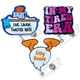 3PC Funny Badge Reels Retractable Cute Holder ID Clip Lanyard Humor Pack for Nurse Nursing Live Laugh Toaster Bath Silly Goose in My Tired Era Fun Women Doctor Healthcare Bulk Supplies Accessories