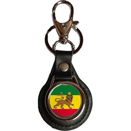 PJ4U Ethiopia Lion Black PU Leather Round Key Fob And Gift Bag