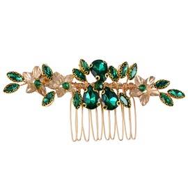 Alilang Green Crystal Rhinestone Bride Wedding Hair Comb Golden Leaf Bridal Hair Accessories