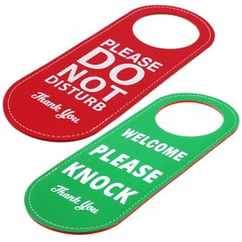 PU Leather Please Do Not Disturb Sign and Welcome Please Knock Sign, Door Knob Privacy Signs for Office Clinic Dorm Online Class Video and Meeting Session, 1 Pack, Green/Red Double Sided