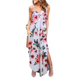 HUSKARY Women's Summer Maxi Dress Casual V-Neck Sleeveless Bohemian Spaghetti Strap Floral Long Maxi Dress with Pockets White Flower Small