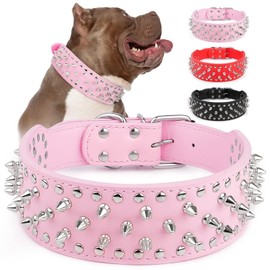 Epesiri Adjustable Wide Spiked Dog Collar, Mushroom Rivet PU Leather Cat Dog Collars, Durable Spike Studded Pet Collar for Small Medium Large Breed, PitBull Mastiff Bulldog Pugs Husky Rottweiler, Pink
