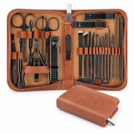 26-Piece Stainless Steel Manicure & Pedicure Kit for Personal Grooming – Complete Nail, Facial & Ear Care Set with Brown Case