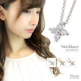 Accessory Shop Piena Cubic Zirconia 925 Silver Flowers, 4 Pieces, Cool, Simple, Classic, Daily, 15.7 inches (40 cm), Azuki, Small, Silver Gold, Pink Gold Necklace, Women's