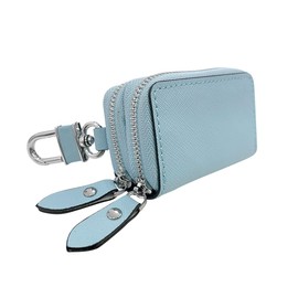 Car Key Case, Genuine Leather Car Keychain Holder, 2 Sides Pocket Car Key Fob Zipper Bag, Car Key Case for Women Men(Light Blue)